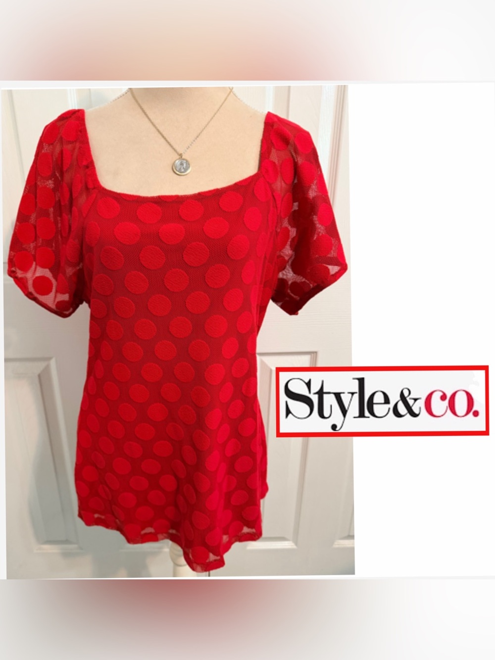 Style & Co., Red bold Polka Dotted Sheer Lined Shirt Sleeve Tunic Top